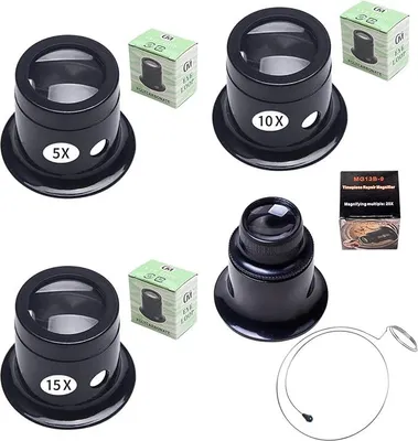 Produktbild von Vergrößerungsglas Set für Uhrmacher und Juweliere - 4 Stück mit Okularglas und Vergrößerungsfaktoren (5x, 10x, 15x, 20x)