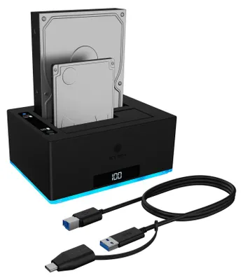 Produktbild von ICY BOX IB-127CL-U3; Docking und Klonstation für 2x 2,5" oder 3,5" HDD/SSD zu USB 3.2 Gen 1 Host, SINGLE + copy funktion, UASP & SATA III (6 Gbit/s), HDD, SATA, Serial ATA II, Serial ATA III, 2.5,3.5", 18 TB, USB 3.2 Gen 1 (3.1 Gen 1) Type-B, Schwarz