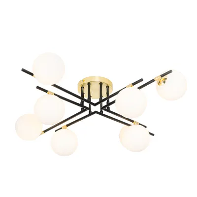 Produktbild von QAZQA - Art Deco Deckenleuchte I Deckenlampe I Lampe I Leuchte schwarz mit Gold I Messing und Opalglas 8 Lichter - Lynn I Wohnzimmer I Schlafzimmer - Stahl Rund - LED geeignet G9