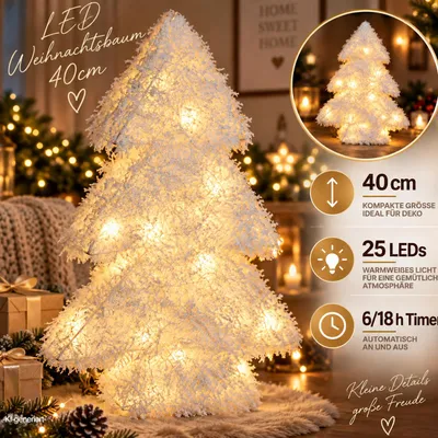 Produktbild von LED Weihnachtsbaum 40 cm Weiß mit 25 warmweißen LEDs & 6/18h Timer – Künstlicher Tannenbaum Christbaum batteriebetrieben – Weihnachtsdeko
