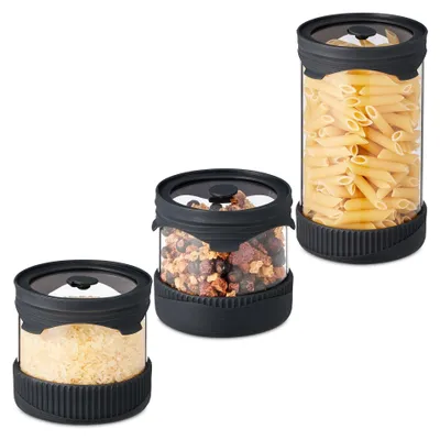 Produktbild von Relaxdays Vorratsgläser mit Deckel, 3er Set, Glas, Silikon, 450 & 1000 ml, mikrowellengeeignet, transparent/schwarz