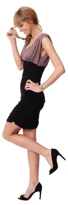Produktbild von Damen Kleid Dress V-Ausschnitt Raffungen; Cappuccino-Schwarz S/M 36/38