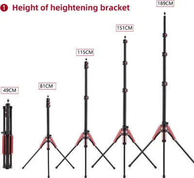 Image de 189cm/74.4in Trépied ajustable Support de lumière vidéo Matériau en alliage d'aluminium 3 sections ajustable Capacité de charge de 5kg/11lbs avec vis filetée de 1/4in pour vidéo LED/ Lumière Flaah/ Boîte à lumière/ Réflecteur