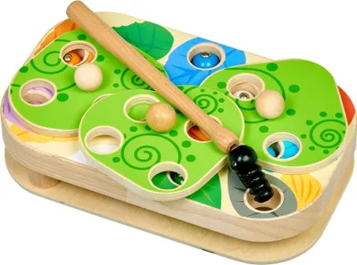 A wooden toy with colorful cutouts and wooden balls, designed for children's motor skill development.