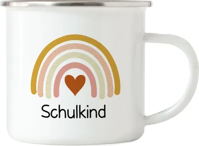 Produktbild von Schulkind Emaille Tasse Einschulungsgeschenk Grundschule 1. Klasse Schulstart Regenbogen Herz
