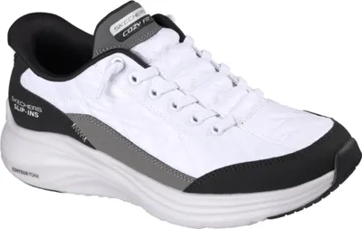 A single white and black Skechers slip-on sneaker is shown from a side-front angle against a white background.