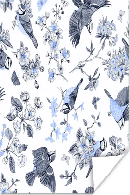 Produktbild von MuchoWow® Poster Blumen - Vogel - Blau 60x90 cm - Wanddekoration