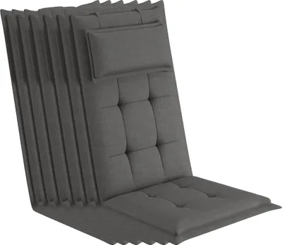 A stack of folded gray chair cushions with a detached headrest cushion on top.