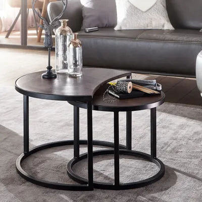 Produktbild von FineBuy Couchtisch Set 2er Mango Massivholz rund Schwarz · Wohnzimmertisch Beistelltisch mit Metallgestell Schwarz · Satztische im Industrial Design