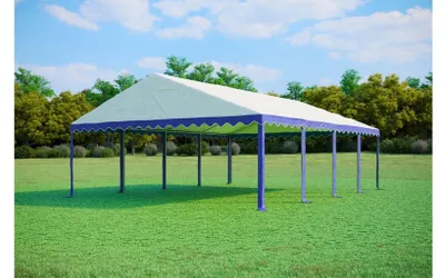 Produktbild von Partyzelt 6x8 m STANDARD PLUS – PVC-Plane 500 g/m², flammhemmend, verzinkte Stahlrohre Ø38 mm, bis 96 Personen - Blau-Weiß