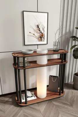 Produktbild von Opviq, Hochwertige Stehlampe aus Craft-Papier & MDF, Walnuss, 80 cm hoch, IP23, E27 Fassung (max. 40 W), elegantes Industriedesign für modernes Wohnen.