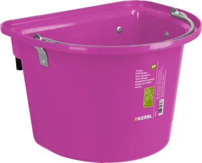 A pink plastic bucket with a silver metal handle, designed to be hung on a wall.