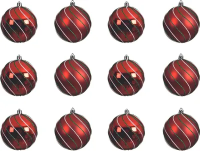 Produktbild von Weihnachtskugeln Kunststoff mit Streifen Muster 8cm rot, 12er Set