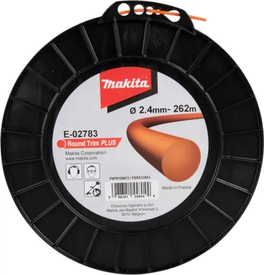 A spool of orange trimmer line on a black plastic spool, with product information printed on a white label.