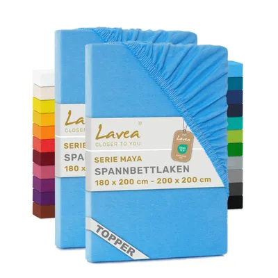 Zdjęcie produktu dla Lavea® Zestaw 2 sztuk, prześcieradła na materac kieszeniowy, 180/200x200 cm, wykonane w 100% z bawełnianej dzianiny – do materacy kieszeniowych o wysokości do 12 cm – miękkie, w kolorze błękitnym