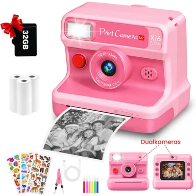 Produktbild von Kinderkamera Sofortbildkamera,Dualkameras,1080P mit 2,4" Bildschirm,inkl. 32GB TF Karte,3 Rollen Druckpapier,3 Aufklebern,6 Filzstifte, 30MP