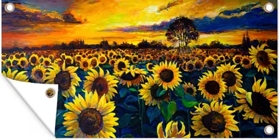 Produktbild von MuchoWow® 60x30 cm Outdoor-Poster Gartendeko Sichtschutz Garten Poster für den Garten  Gemälde - Ölfarbe - Blumen - Sonnenblume