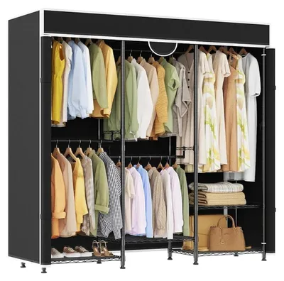 Produktbild von Großer Kleiderschrank Kleiderständer - Freistehender Kleiderschrank Organizer - Metallgestell 500 kg Tragkraft - 7 Ablagen & 5 Kleiderstangen - Mit Schutzhülle