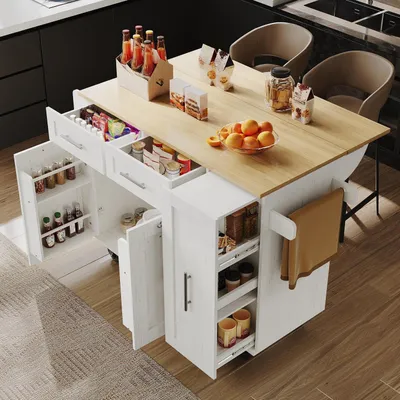 Obrázok produktu pre Kuchynský vozík s výklopnou pracovnou plochou a kolieskami, biela farba, rozmer 110x46-74x90,5 cm