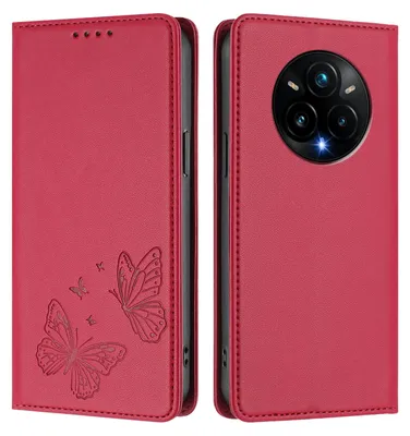 Produktbild von Lederhülle für Realme 14 Pro+ 5G, Schmetterling Prägung Leder Brieftasche Schutzhülle mit Ständer Rot