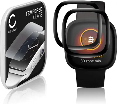 Produktbild von 2x CELLONIC 9H Display Schutzglas für FitBit Versa 3 / Sense Smartwatch, 3D Full Cover Full Glue Screen Protector Glass, Fitness Tracker Displayschutz Glas schwarz Schutzfolie