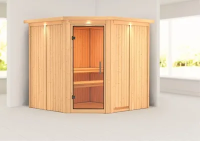 Produktbild von Karibu Sauna Innensauna Jarin Eckeinstieg ohne Zubehör 210x210x202 cm mit Dachkranz mit Klarglastür