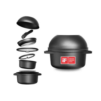 Produktbild von CuliStack® Essential Pfannenset 8-teilig, stapelbar, ofenfest, PFAS-frei, induktionsgeeignet, abnehmbarer ClickGrip-Griff, schwarz