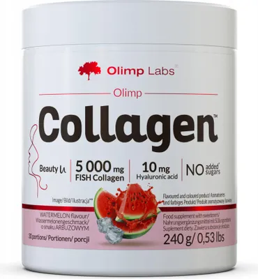 A white tub of Olimp Collagen powder with watermelon flavor, featuring images of watermelon slices and text detailing the product's ingredients and benefits.