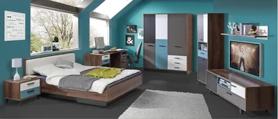 Produktbild von Jugendzimmer Raven 7 teiliges Komplett Set in Schlammeiche, Grau mit Weiß, Schwarz und Orientalisch Grün mit 3 türigem Schrank