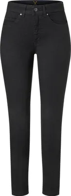 A pair of black skinny jeans shown from the front.