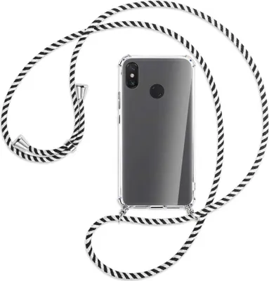 Produktbild von Handykette Backcover-Schutzhülle mit Band (Metall silberfarben) für Xiaomi Mi Max 3 - schwarz/weiß gestreift