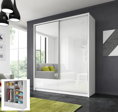 Image de Armoire à portes coulissantes pour chambre à coucher avec tiroirs et miroir, blanc / blanc brillant - Largeur : 180-184 cm