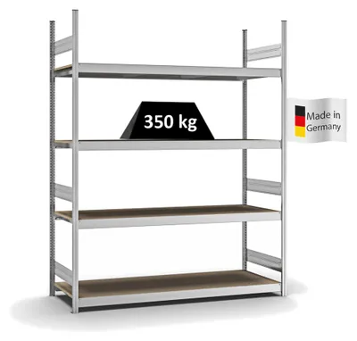 Produktbild von PROREGAL Weitspannregal Stecksystem MAGNUS  Germany | HxBxT 250x200x60cm | 4 Ebenen | Spanplatten-Fachboden | Fachlast 350kg | Verzinkt