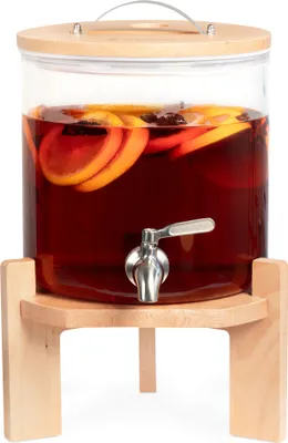 Produktbild von Navaris 5L Getränkespender mit Zapfhahn aus Edelstahl - Glas Wasserspender mit Stand aus Buchen Holz - Spender aus hitzebeständigem Borosilikatglas