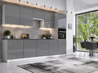 Produktbild von Küchenzeile 300 cm Küchenblock Einbauküche ohne Arbeitsplatte, LETANO Luki 13 Grau Hochglanz mit Soft-Close