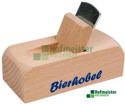 Produktbild von Flaschenöffner Hobel, mit blauem Aufdruck Bierhobel" aus Holz 8,5 cm"