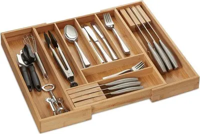 Produktbild von Famanu Besteckkasten Organizer - ausziehbar, 8 Fächer, 2 Messerblöcke
