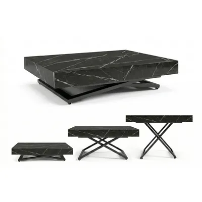 Image de Table Basse Relevable et Extensible SANDI 120x80/200 cm – Table Basse avec Réglage de Hauteur – Table de Salon Style Loft - Chêne Marbre Noir/Noir