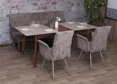 Produktbild von Esszimmer-Set MCW-G55, 2er-Set Stuhl mit Armlehne+Sitzbank 180cm, Edelstahl gebürstet Stoff/Textil Chenille  dunkelgrau