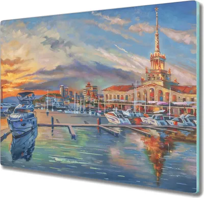 Produktbild von Coloray Hackbrett Küchenbrett Kochplattenabdeckung Schneidebrett Herdabdeckplatte 60x52 cm - Schiffe Sonnenuntergang