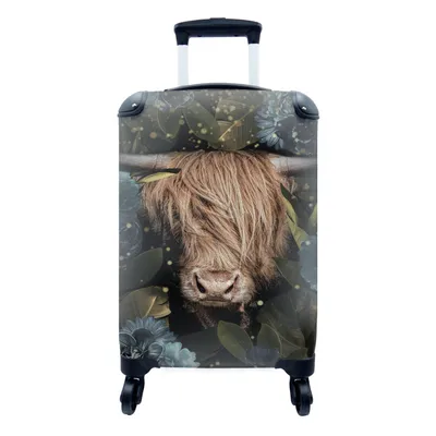 Produktbild von MuchoWow® Koffer Handgepäck Trolley Rollkoffer Kleine Reisekoffer mit 4 Rollen - Schottischer Highlander - Blumen - Gold - Cabin Size < 55x40x23 cm & 55x40x20 cm - Fotokoffer - Kabinenkoffer - Boardgepäck - Reise-Box - Reisekoffer - Reisegepäck - Koffer mit Bild - Trolley für Kinder