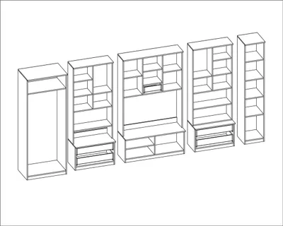 A line drawing of a modular furniture set, including a tall cabinet, a media console with shelving, and two tall shelving units.