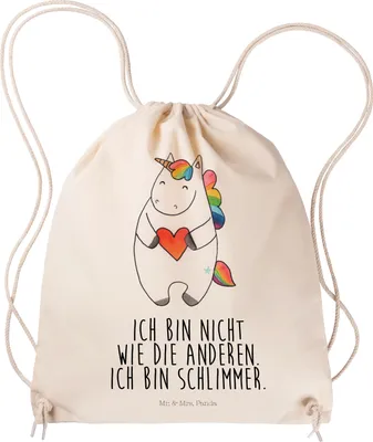 Produktbild von Mr. & Mrs. Panda Beutel Einhorn Herz - Transparent - Geschenk, wander rucksack, Unicorn, Freundin, Einhörner, gym, Lustig, Stoffbeutel, festival tasche, Stoffrucksack