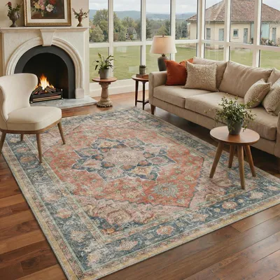 Obrázok produktu pre Umývateľný koberec do obývačky, 160x230 cm, modro-červený, orientálny vzor, nízky vlas, protišmykový