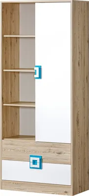 Produktbild von Furniture24 Regal - Schrank Nico 04, Standregal, Bücheregal Mit 2 Schubkasten Und 1 Tür Hell Eiche/Weiß/Türkis