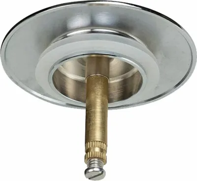 A close-up, studio shot of a bathtub drain stopper.