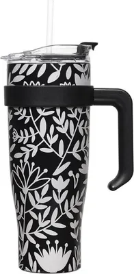Image de CMP KA0588 Mug isotherme avec anse et paille 1,2 l, noir avec motif floral blanc
