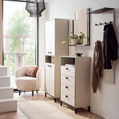 Produktbild von Garderoben-Set 4-teilig in Beige mit Rahmen in Mattschwarz, Schuhschrank & Spiegel - ELMIRA-80