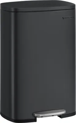 A black pedal trash can with a silver pedal.