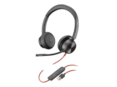 A product shot of a black and gray headset with a red cable and inline controls.